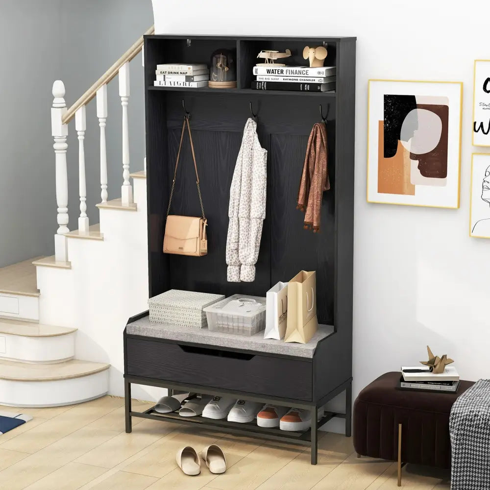 69 Inches Tall Hall Tree 4-in-1 Coat Rack with Seat Cushion and Shoe Storage-Black - Black - Coat Racks & Hall Trees