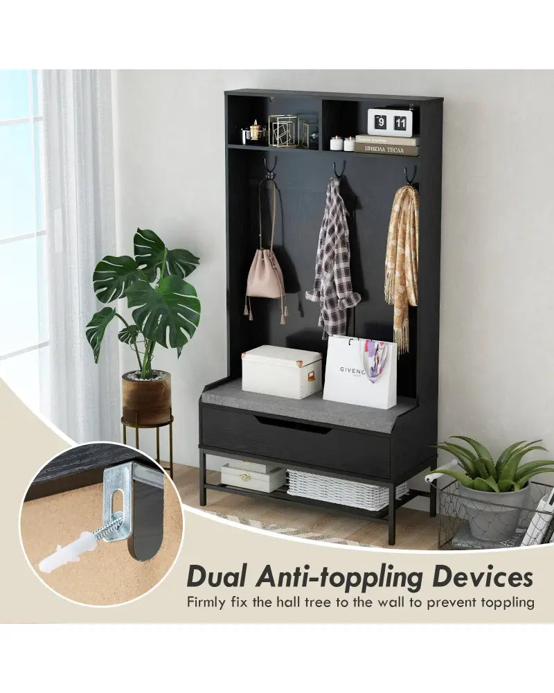 69 Inches Tall Hall Tree 4-in-1 Coat Rack with Seat Cushion and Shoe Storage-Black - Black - Coat Racks & Hall Trees