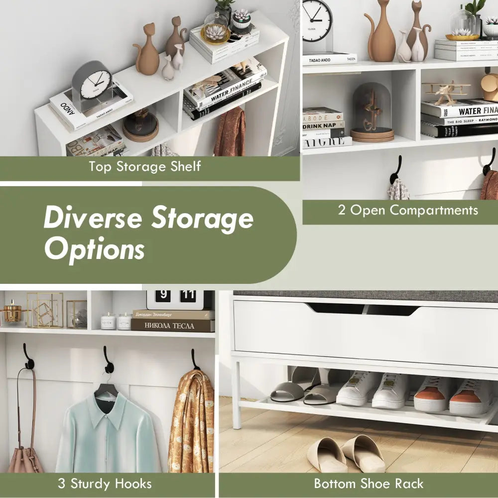 69 Inches Tall Hall Tree 4-in-1 Coat Rack with Seat Cushion and Shoe Storage-White - White - Coat Racks & Hall Trees