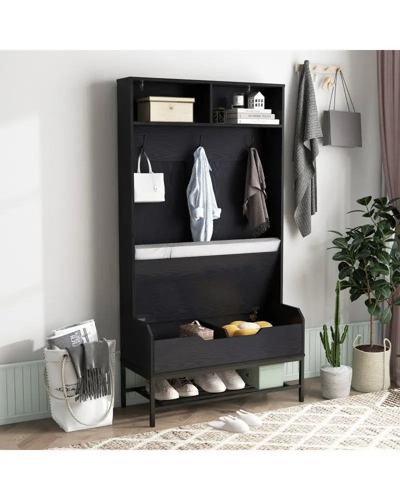 69 Inches Tall Hall Tree 4-in-1 Coat Rack with Seat Cushion and Shoe Storage-Black - Black - Coat Racks & Hall Trees