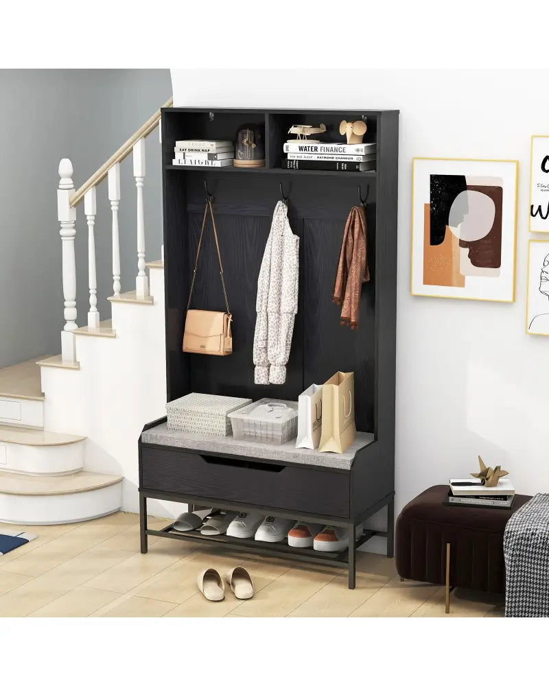 69 Inches Tall Hall Tree 4-in-1 Coat Rack with Seat Cushion and Shoe Storage-Black - Black - Coat Racks & Hall Trees