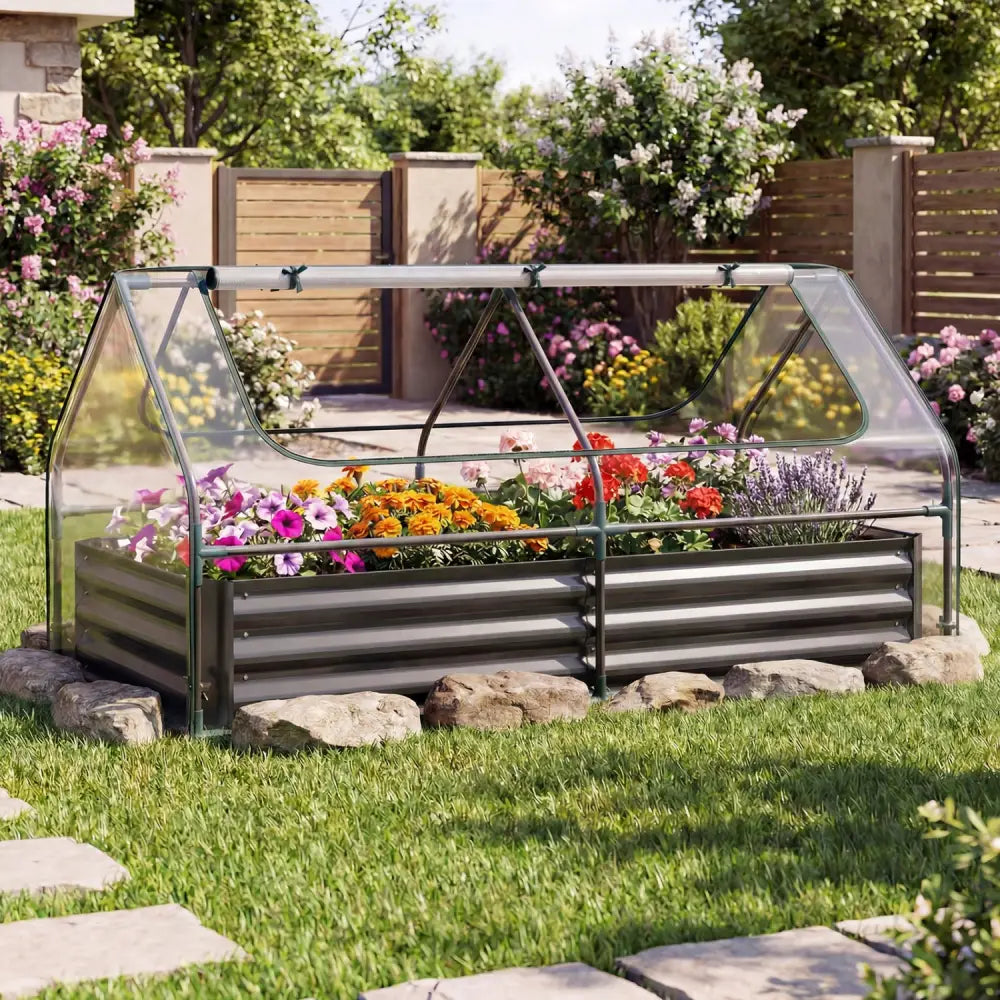 69 x 33 x 12 Inch Galvanized Raised Garden Bed with Cover-Black - Black - Raised Garden Beds