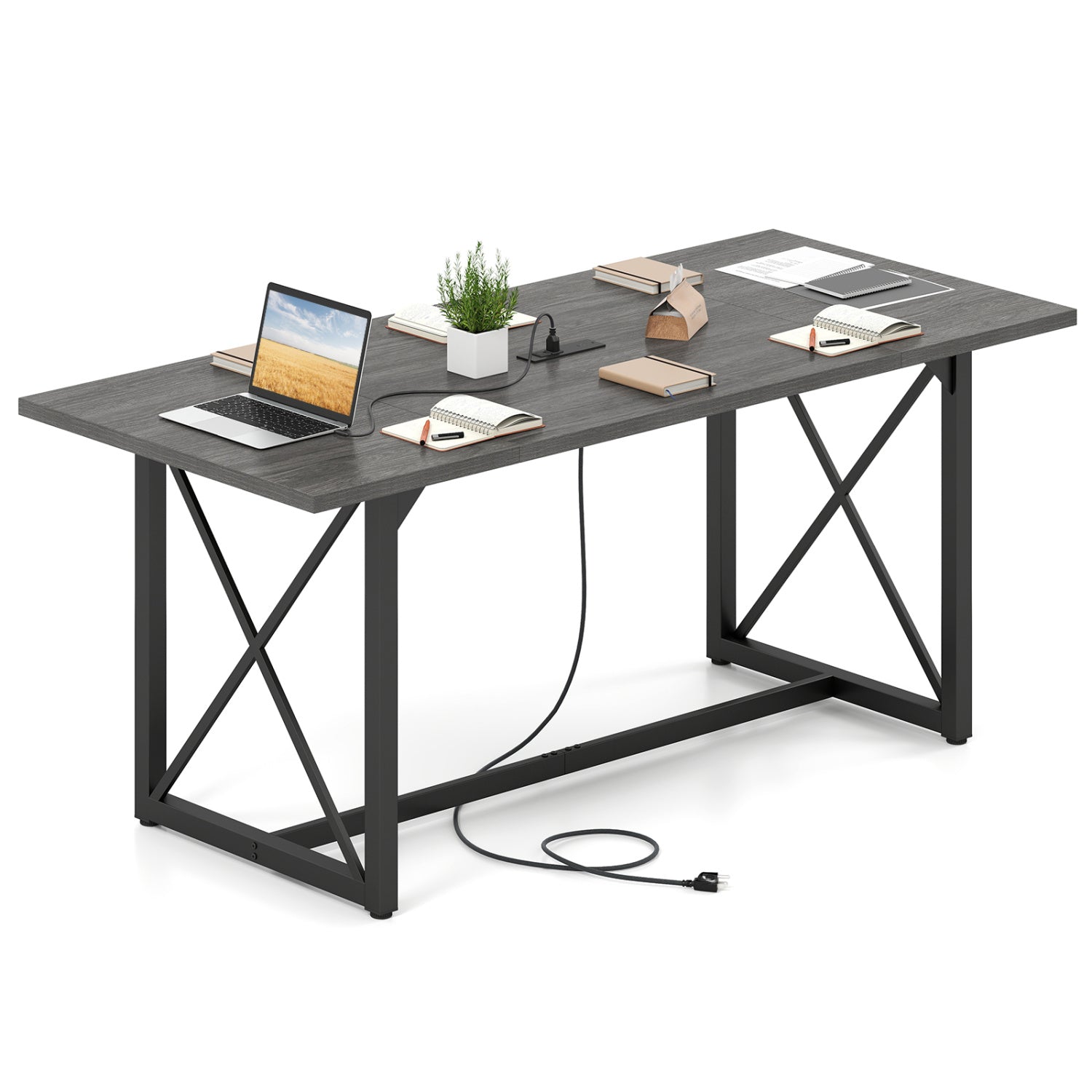 6FT Conference Table with Power Outlets Seats 6-8 People for Office-Gray