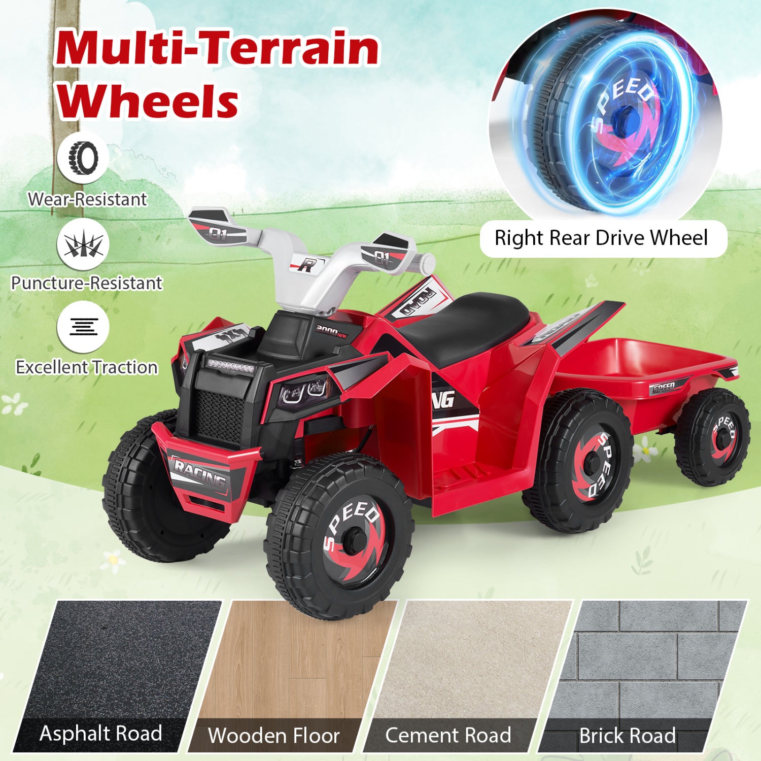 6V Kids Electric ATV Quad Car with Detachable Trailer-Red
