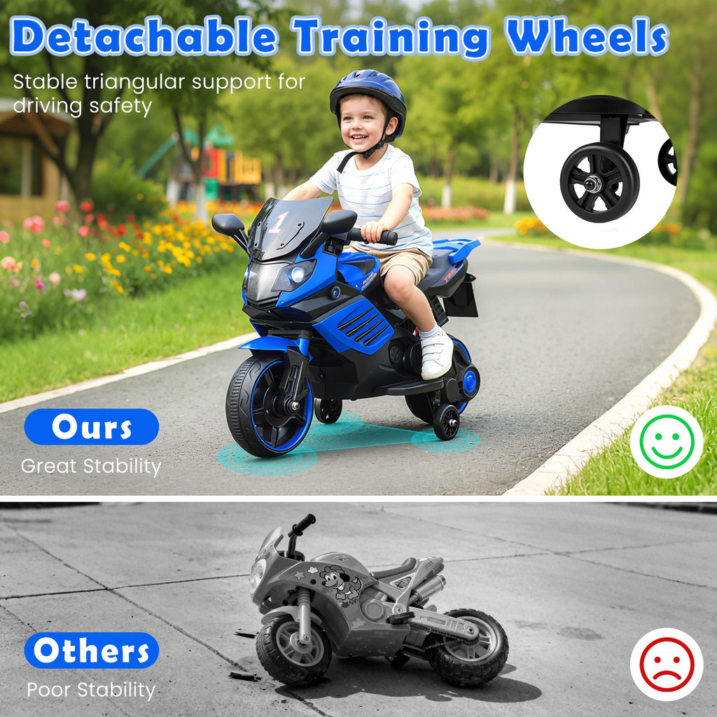 6V Kids Motorcycle with Headlights Music and Detachable Training Wheels-Navy