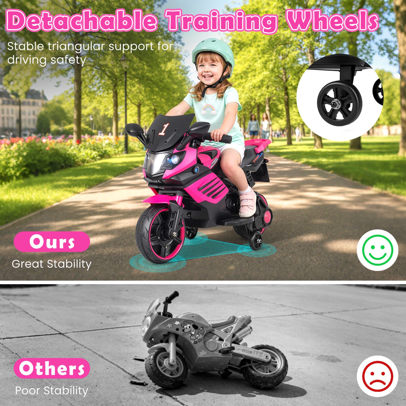 6V Kids Motorcycle with Headlights Music and Detachable Training Wheels-Pink