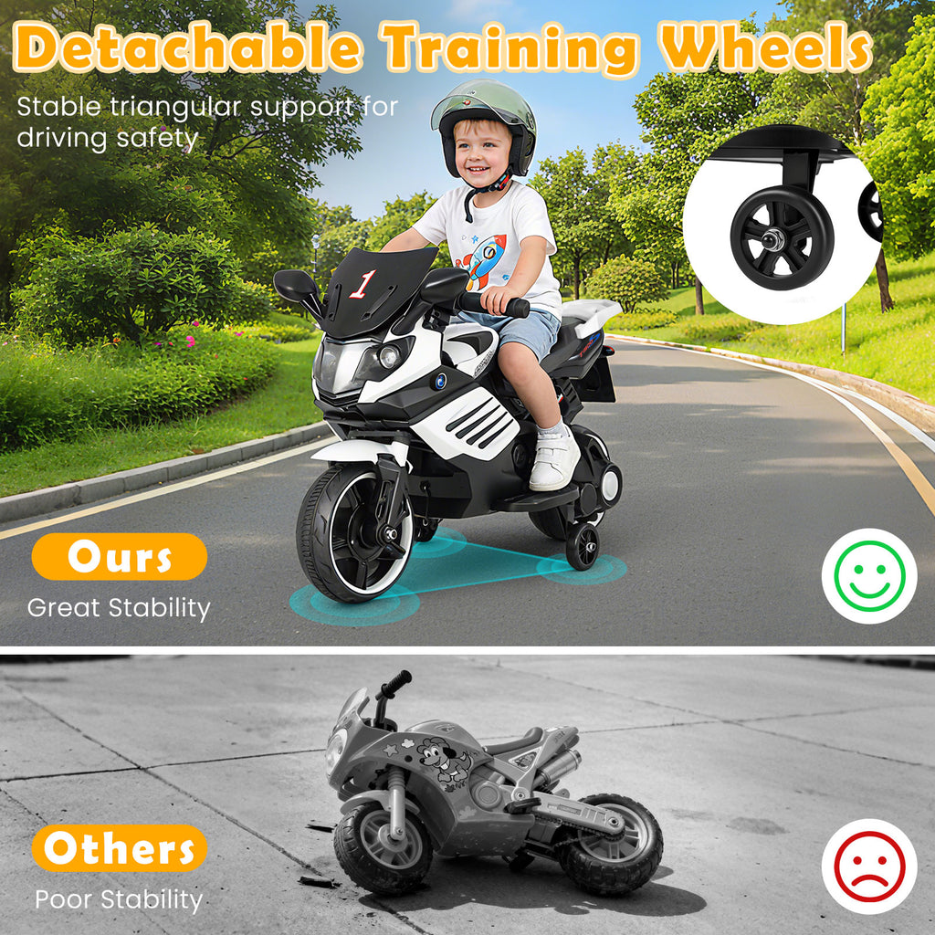 6V Kids Motorcycle with Headlights Music and Detachable Training Wheels-White