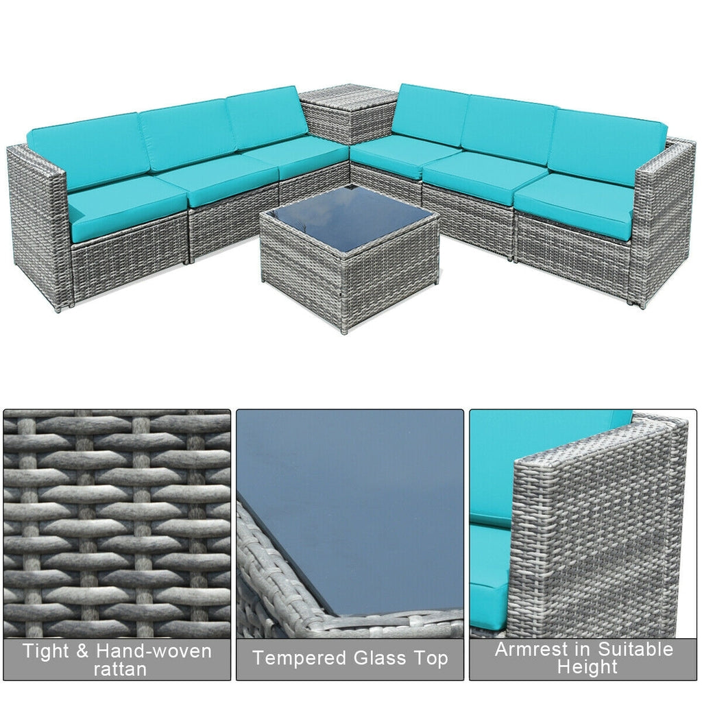 Ensemble de salle à manger 8 pièces en rotin et osier avec table de rangement - Turquoise