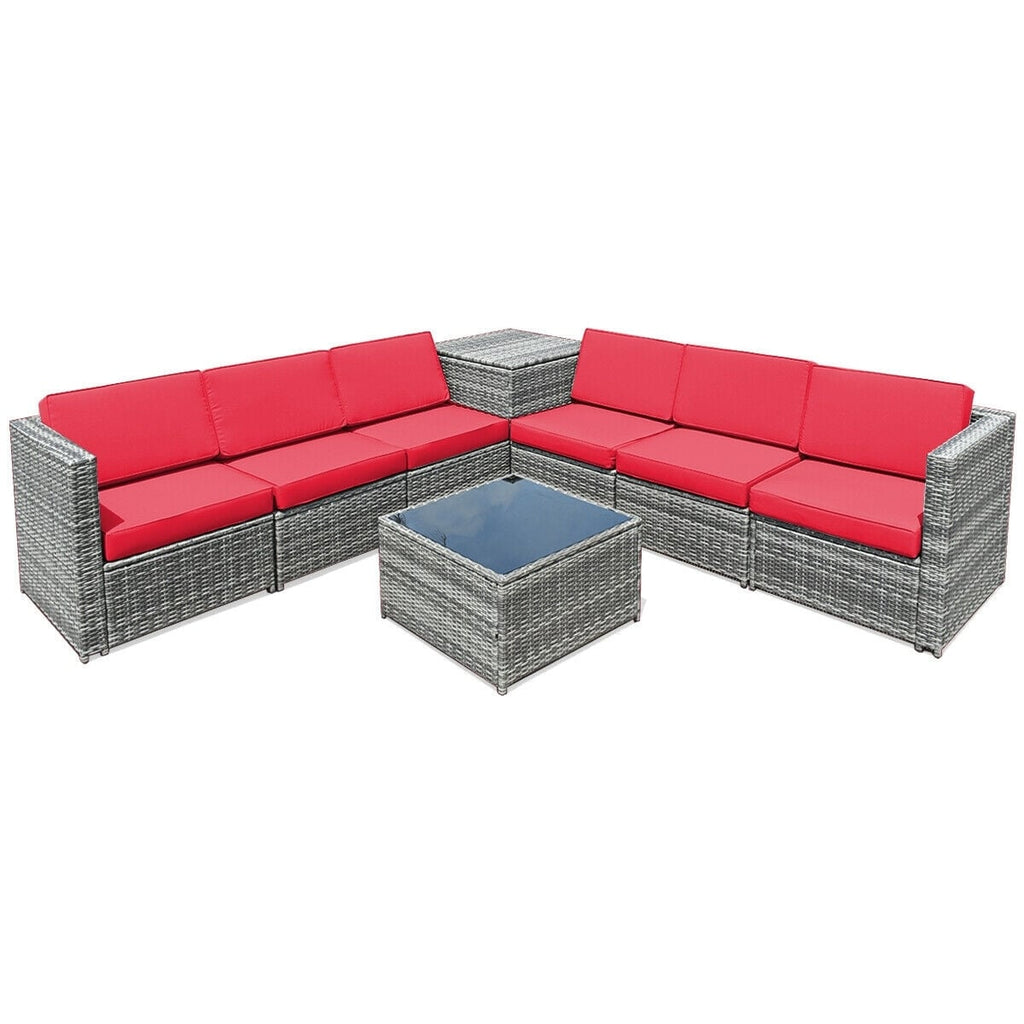 Ensemble de salle à manger 8 pièces en rotin et osier avec table de rangement - Rouge
