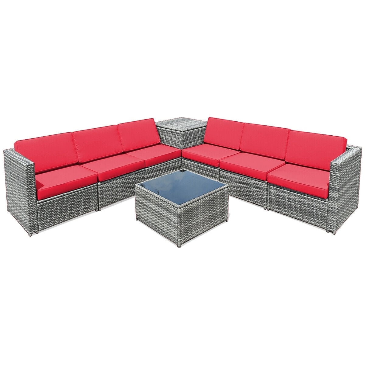 Ensemble de salle à manger 8 pièces en rotin et osier avec table de rangement - Rouge