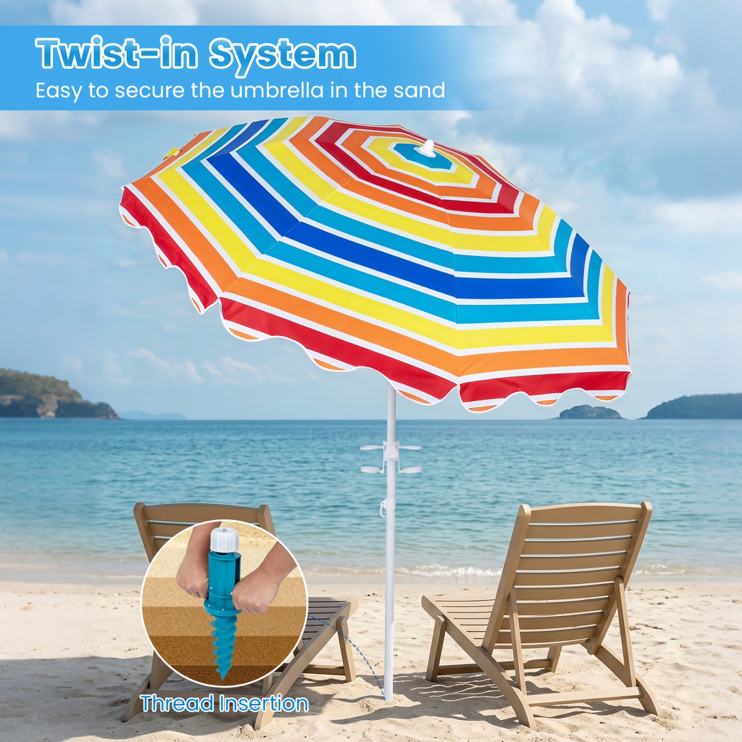 6.5 FT Beach Umbrella UPF 50+ with Sand Anchor for Garden Pool Backyard-Multicolor