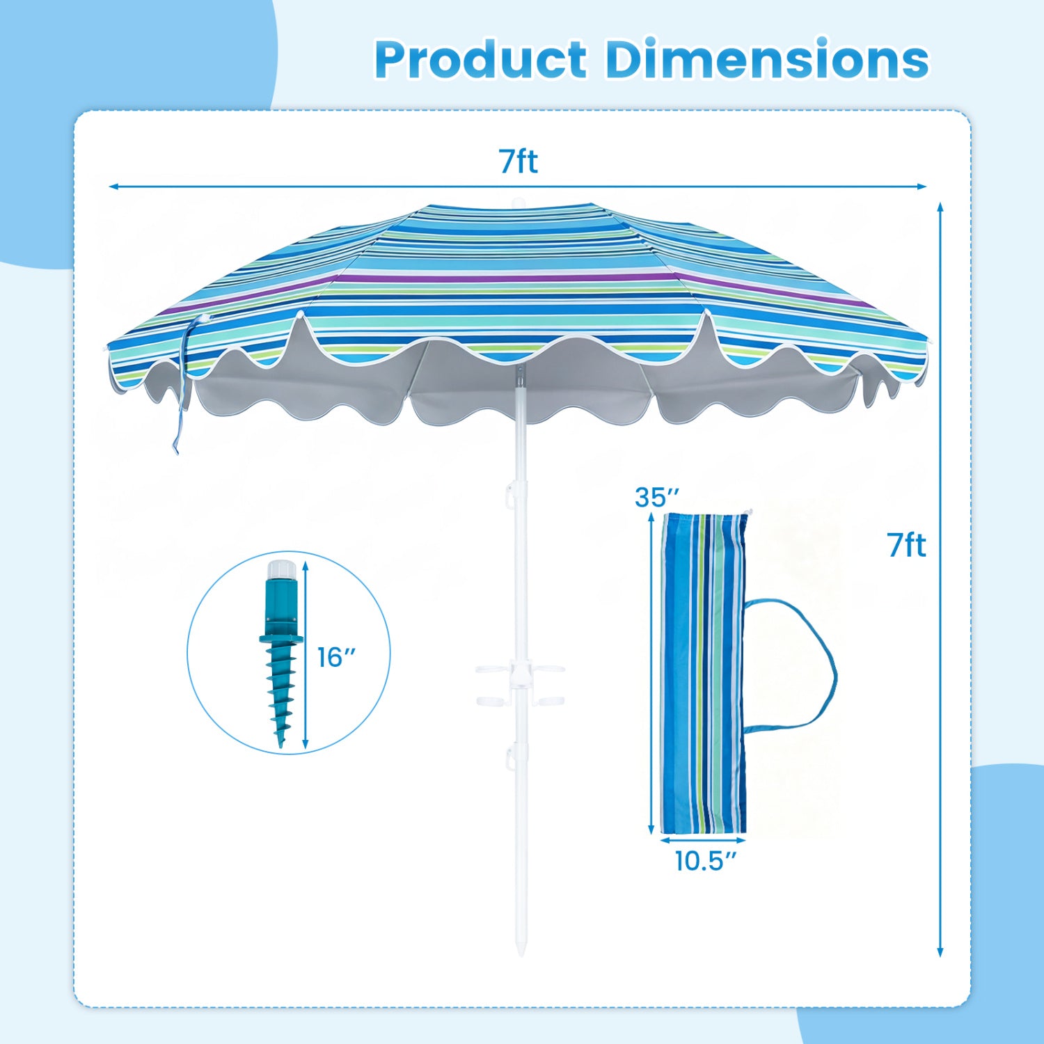 6.5 FT Beach Umbrella UPF 50+ with Sand Anchor for Garden Pool Backyard-Blue