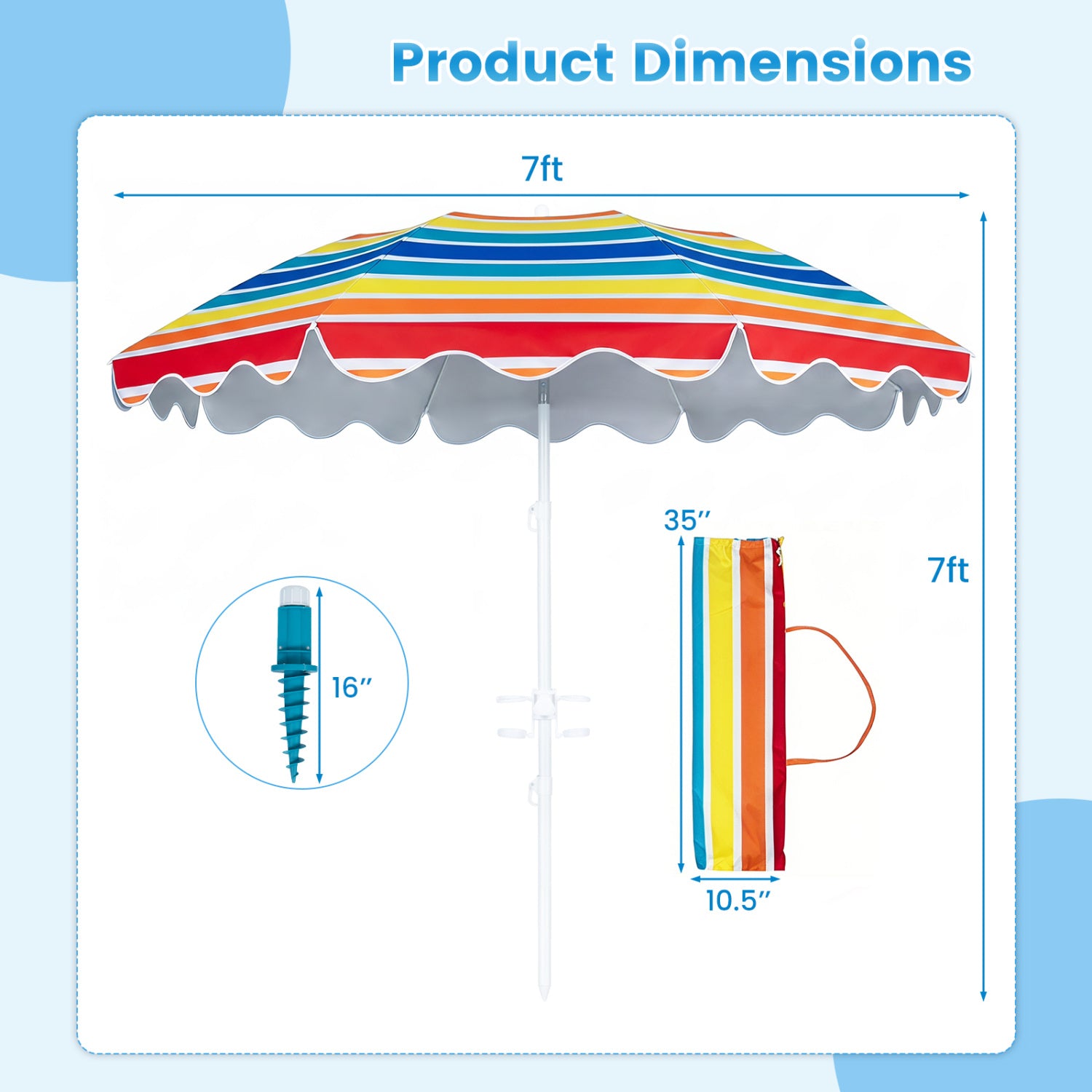 6.5 FT Beach Umbrella UPF 50+ with Sand Anchor for Garden Pool Backyard-Multicolor