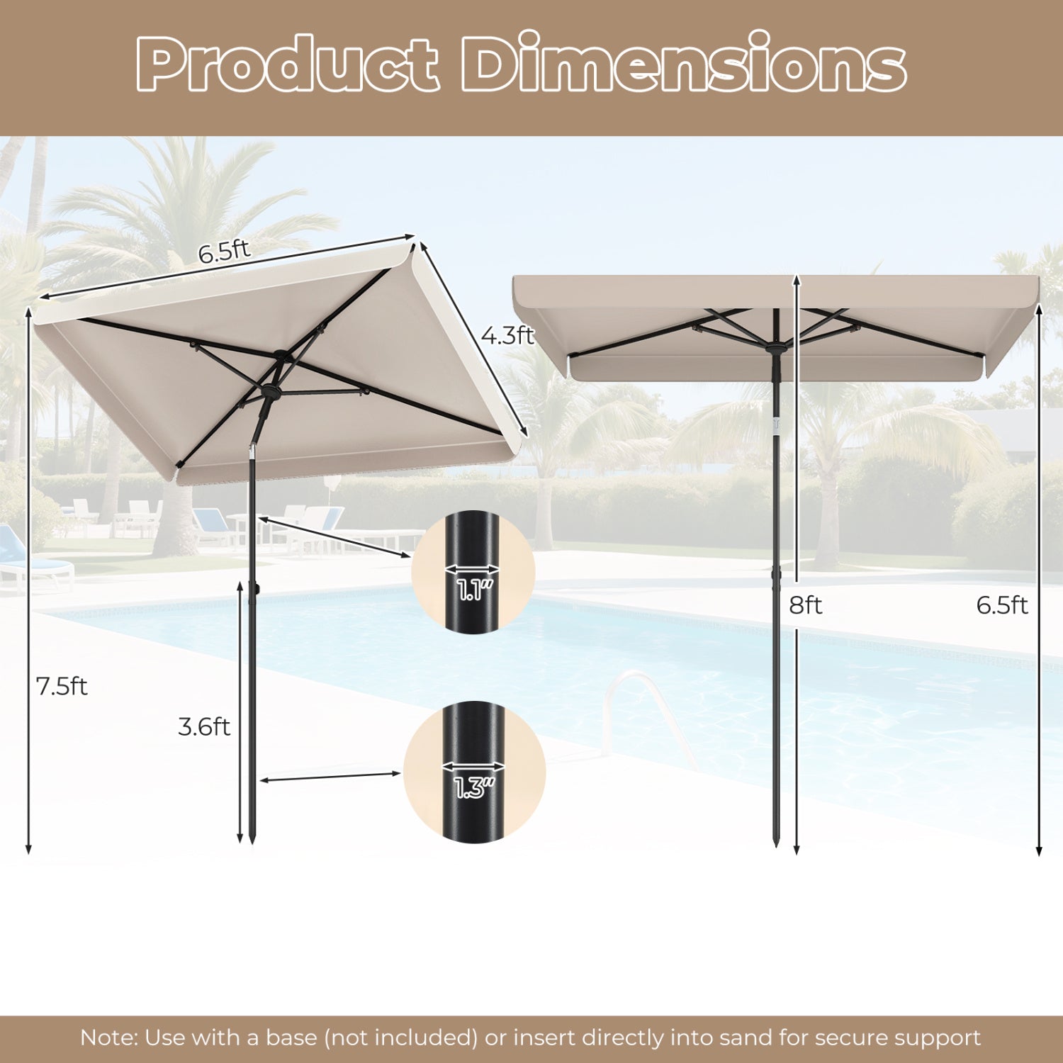 6.5 x 4.3 Feet Rectangular Outdoor Balcony Umbrella with Tilt Adjust Button-Beige