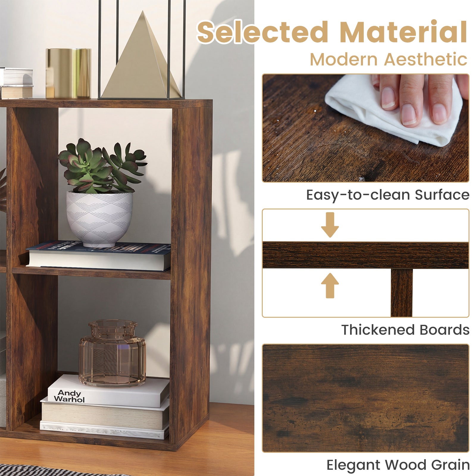6 Cube Bookshelf with Back Guardrail for Living Room Bedroom-Rustic Brown