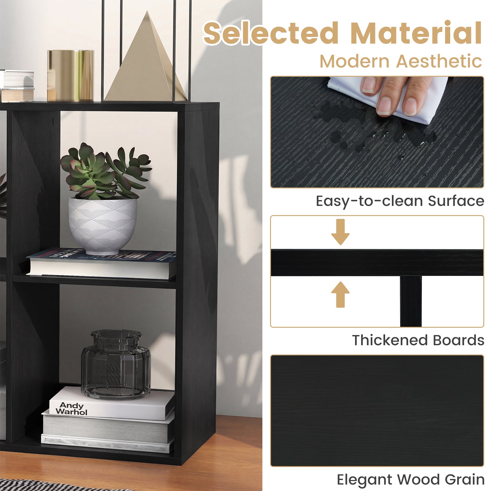 6 Cube Bookshelf with Back Guardrail for Living Room Bedroom-Black