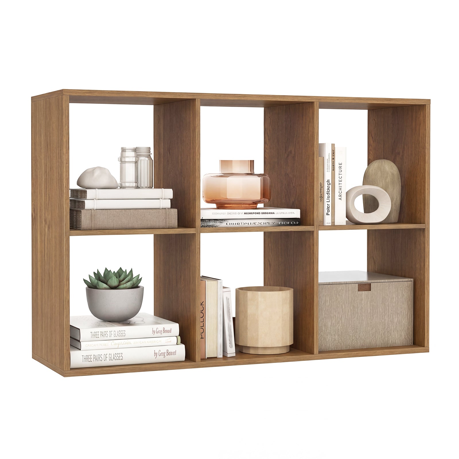6 Cube Bookshelf with Back Guardrail for Living Room Bedroom-Natural