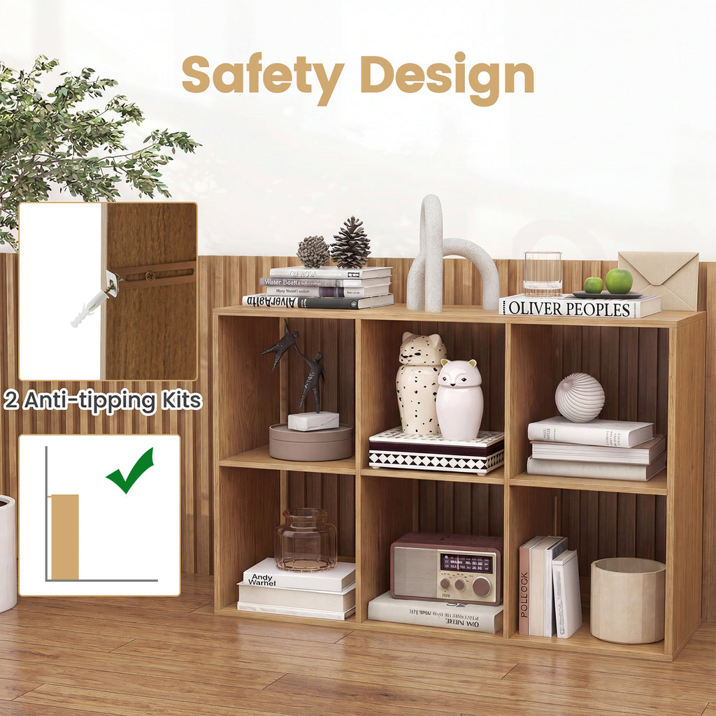 6 Cube Bookshelf with Back Guardrail for Living Room Bedroom-Natural