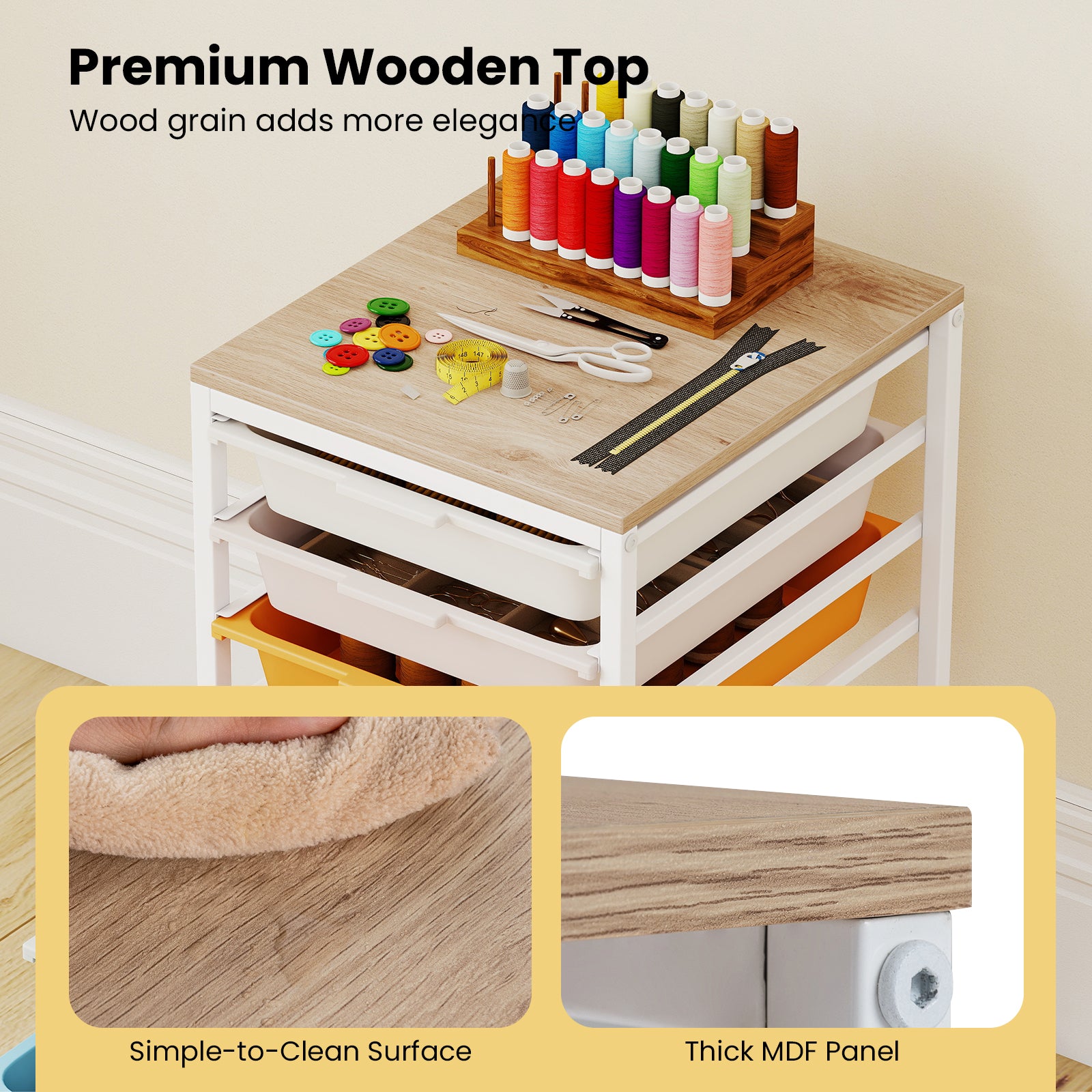 6-Drawer Rolling Storage Cart with Wooden Tabletop-Macaron