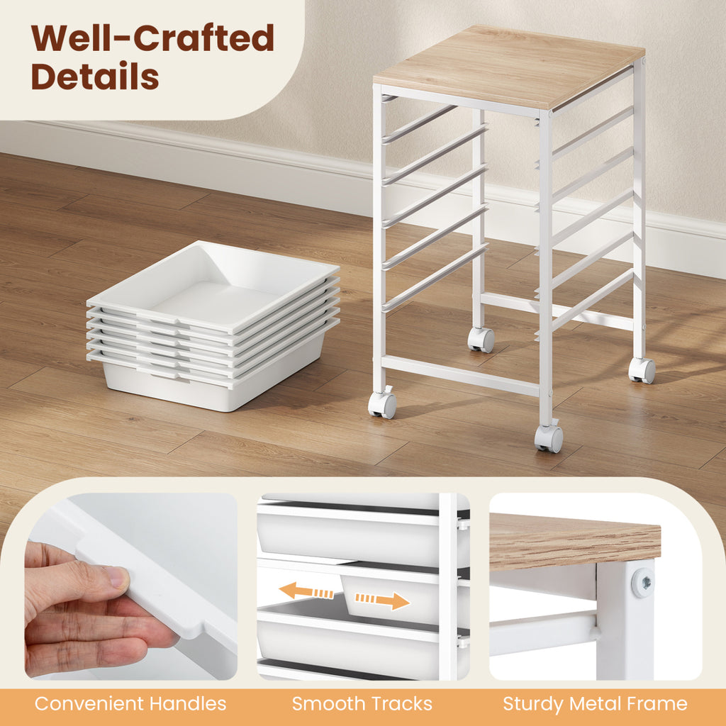 6-Drawer Rolling Storage Cart with Wooden Tabletop-White