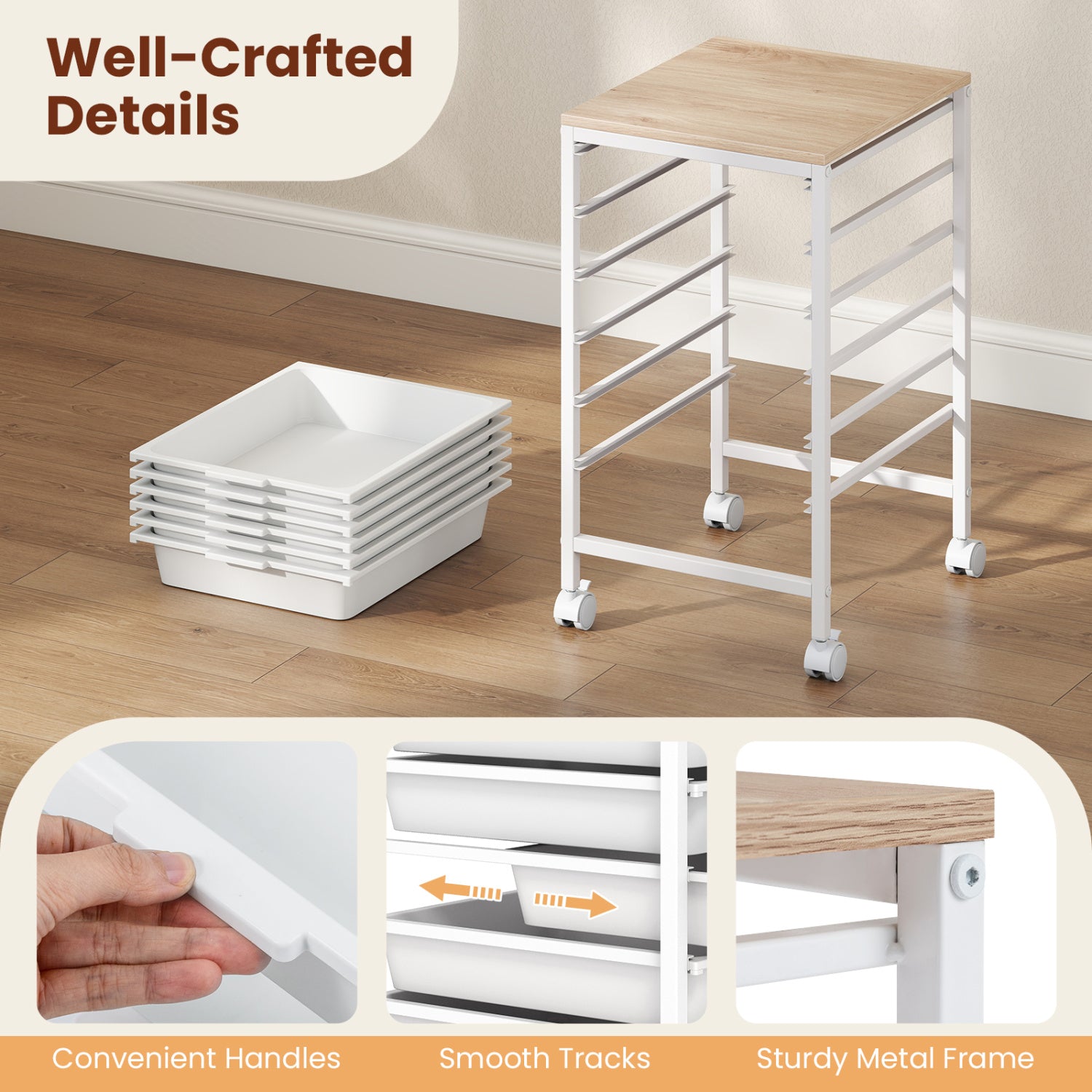 6-Drawer Rolling Storage Cart with Wooden Tabletop-White