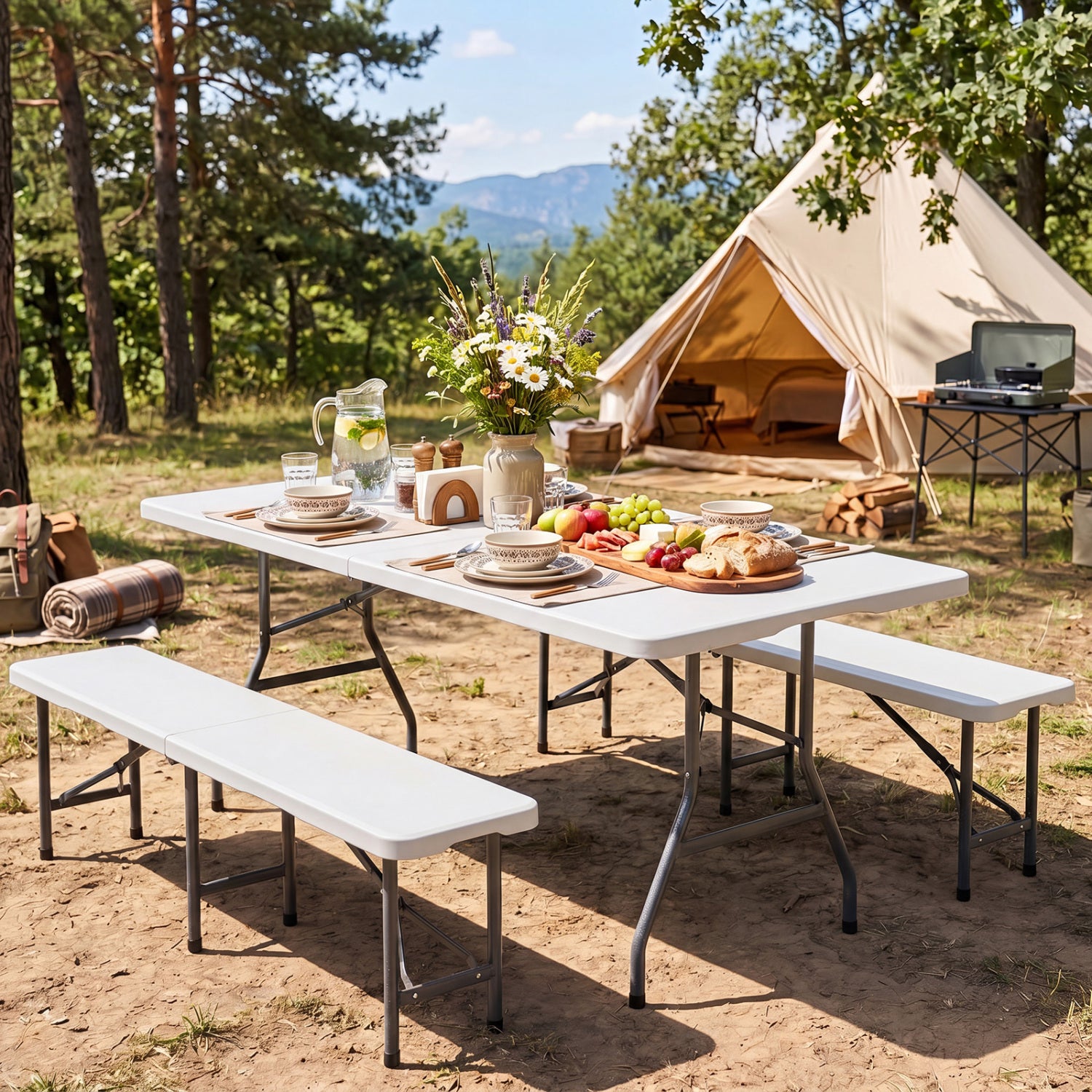 6 FT Plastic Fold-in-Half Camping Table-White