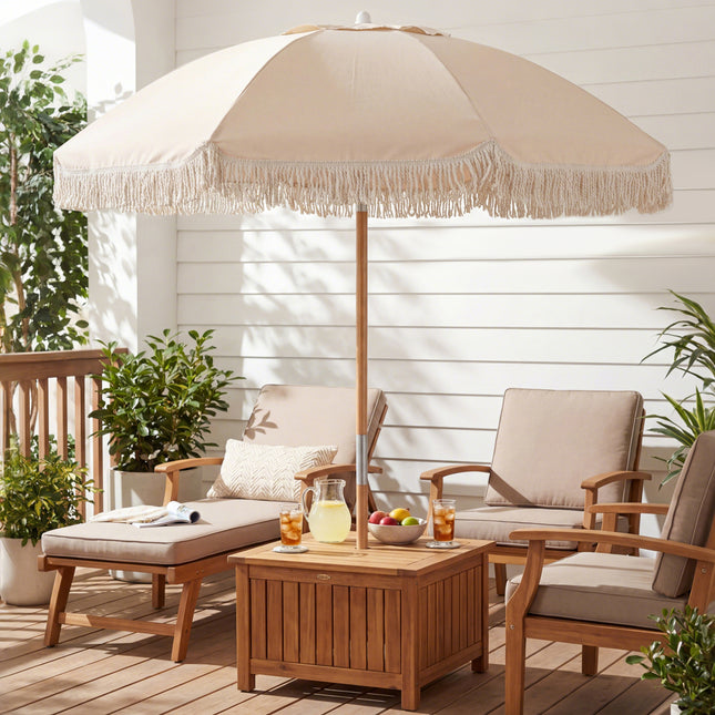 6 Feet Patio Umbrella with Fringe with Push Button Tilt and Wood Pole-White