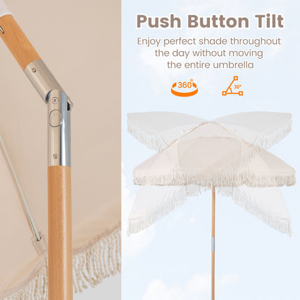 6 Feet Patio Umbrella with Fringe with Push Button Tilt and Wood Pole-White