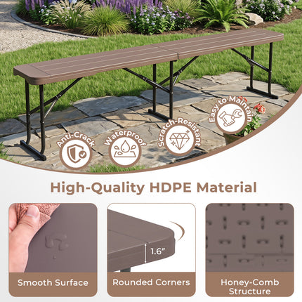 6 Feet Plastic Folding Bench Picnic Camping Dining Seat with Carrying Handle-coffee
