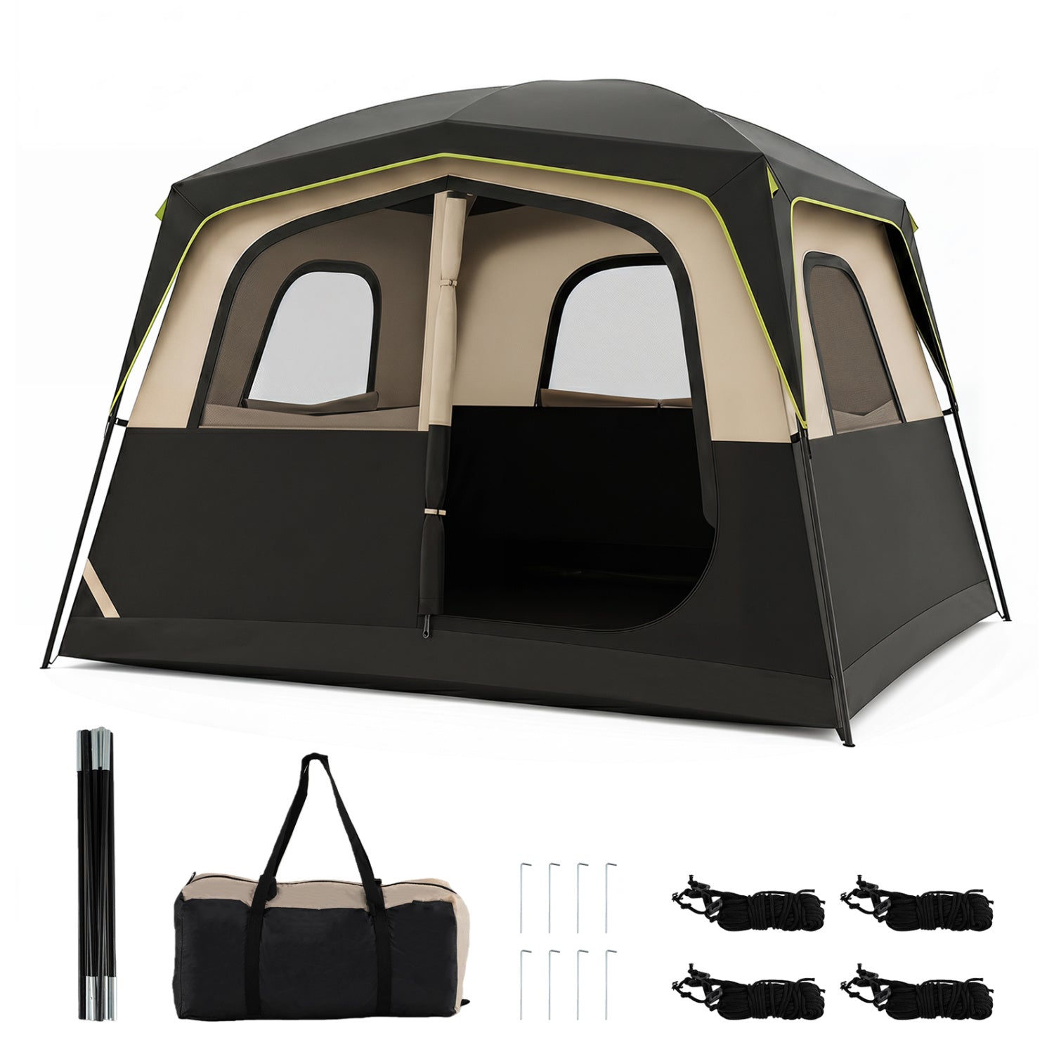 6-Person Camping Tent Easy Setup Family Cabin Tent with Top Rainfly Mesh Windows-Black