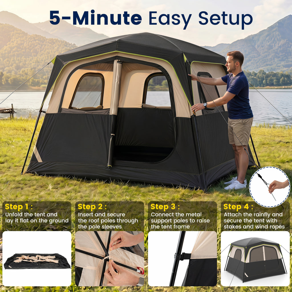 6-Person Camping Tent Easy Setup Family Cabin Tent with Top Rainfly Mesh Windows-Black