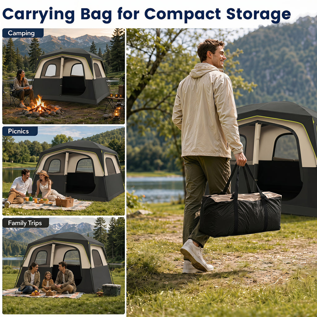 6-Person Camping Tent Easy Setup Family Cabin Tent with Top Rainfly Mesh Windows-Black