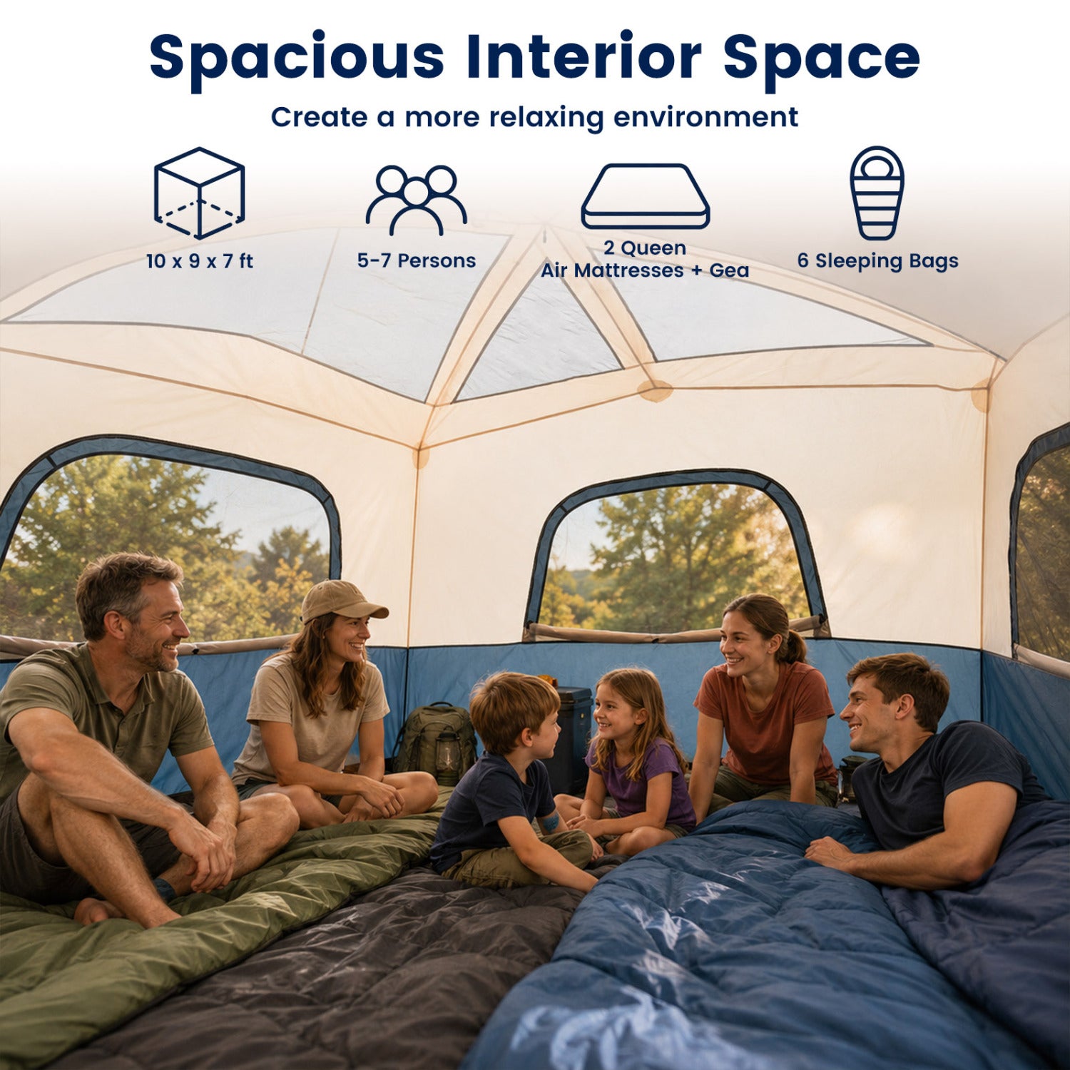 6-Person Camping Tent Easy Setup Family Cabin Tent with Top Rainfly Mesh Windows-Blue