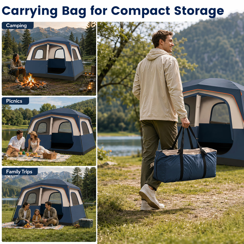 6-Person Camping Tent Easy Setup Family Cabin Tent with Top Rainfly Mesh Windows-Blue