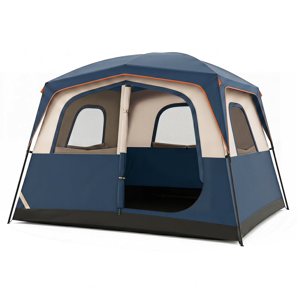 6-Person Camping Tent Easy Setup Family Cabin Tent with Top Rainfly Mesh Windows-Blue