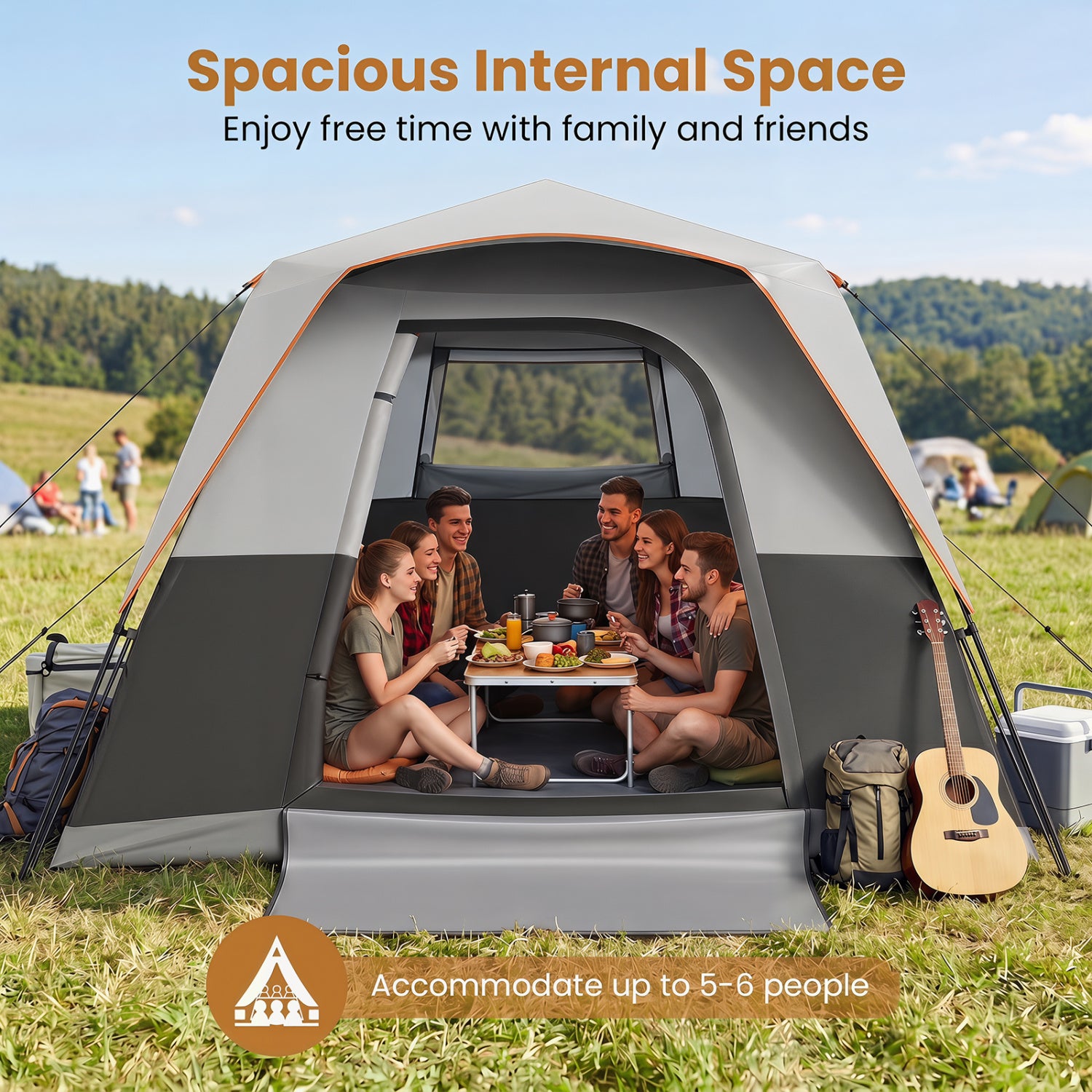 6-Person Outdoor Camping Tent Blackout Easy Setup Instant Cabin Tent with Rainfly and Carrying Bag-Grey