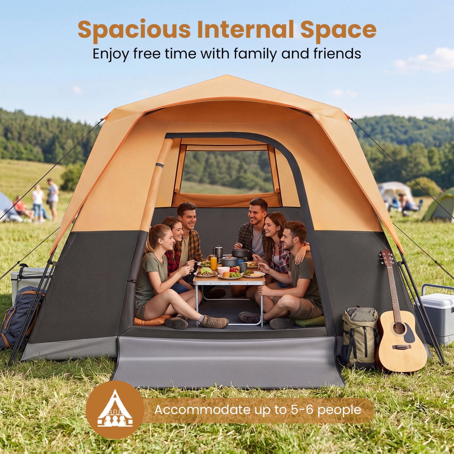 6-Person Outdoor Camping Tent Blackout Easy Setup Instant Cabin Tent with Rainfly and Carrying Bag-Orange