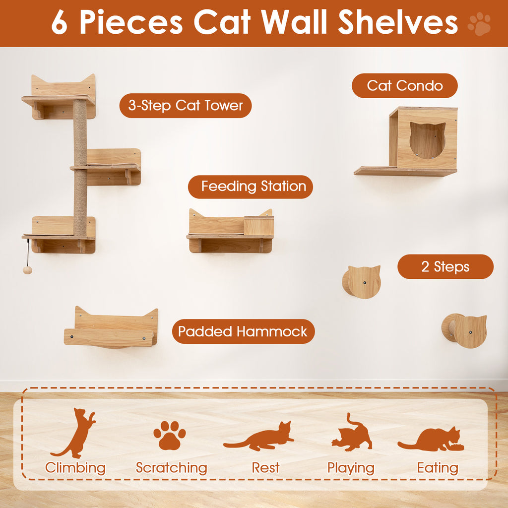 6 Pieces Cat Wall Furniture Set Kitten Wall Mounted Shelves-Natural