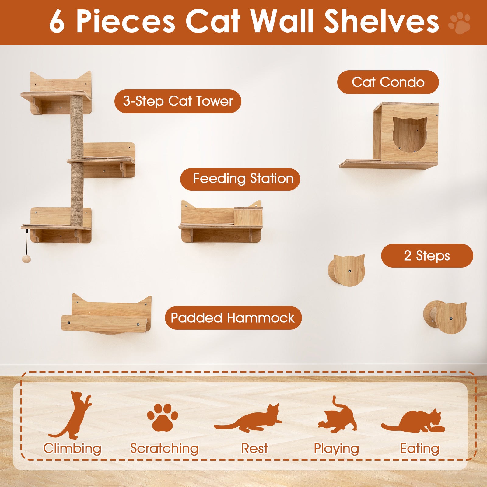 6 Pieces Cat Wall Furniture Set Kitten Wall Mounted Shelves-Natural