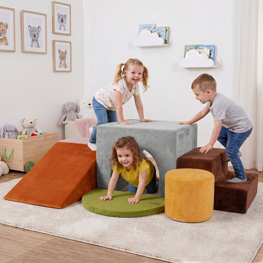 6 Pieces Foam Climbing Blocks for Kids with Slide and Tunnel-Gray