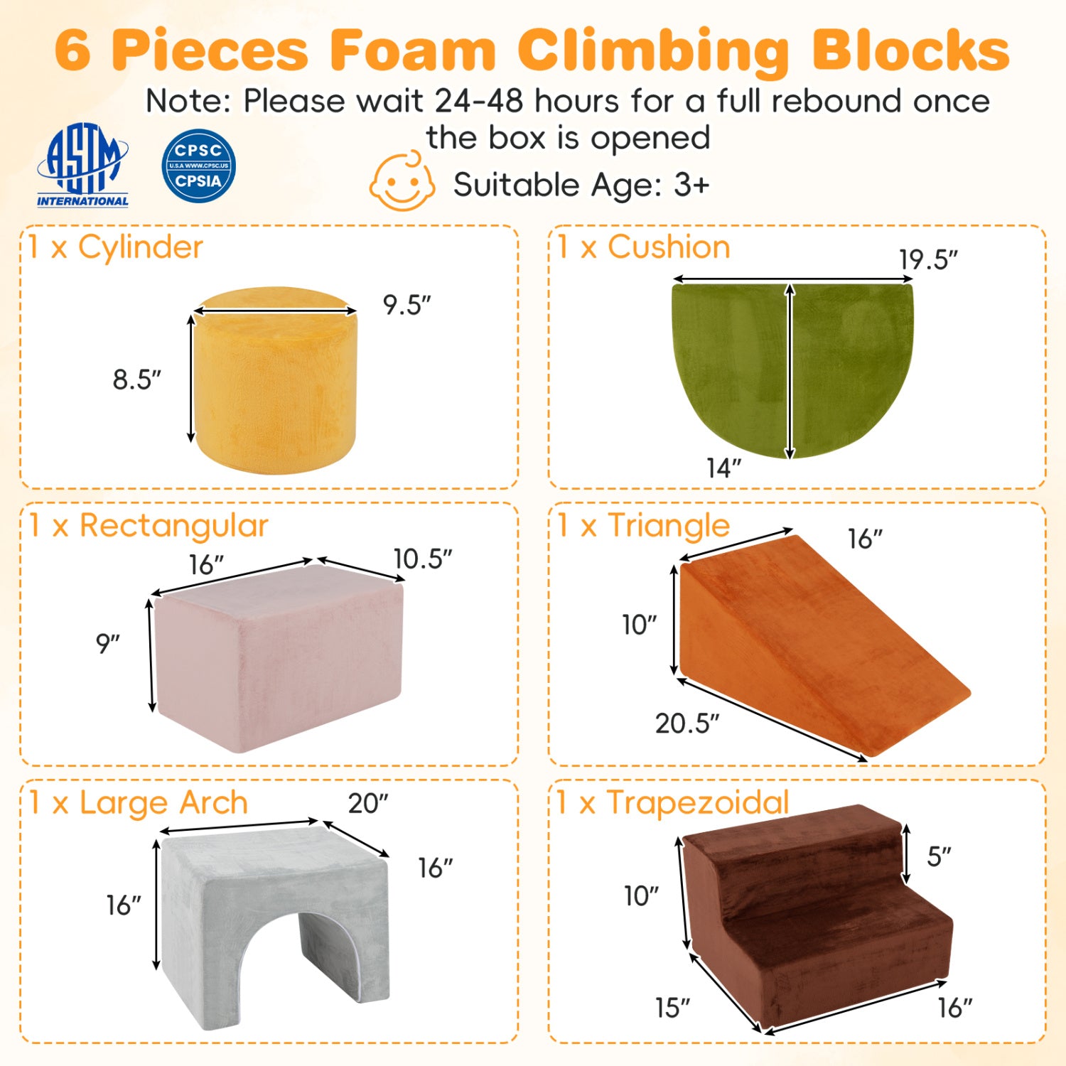 6 Pieces Foam Climbing Blocks for Kids with Slide and Tunnel-Gray