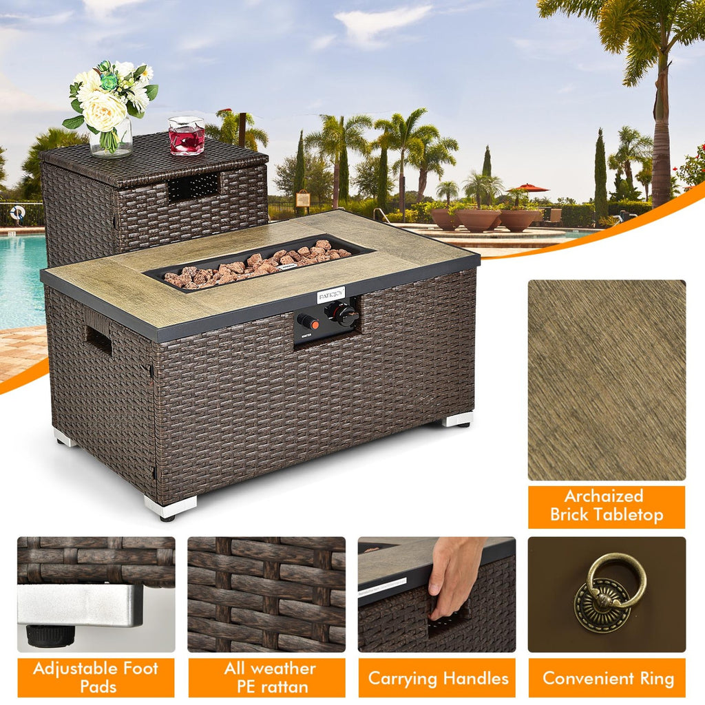 6 Pieces Outdoor Wicker Furniture Set with 32 Inch Propane Fire Pit Table-Beige