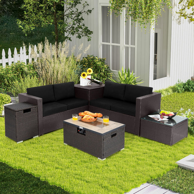 6 Pieces Outdoor Wicker Furniture Set with 32 Inch Propane Fire Pit Table-Black