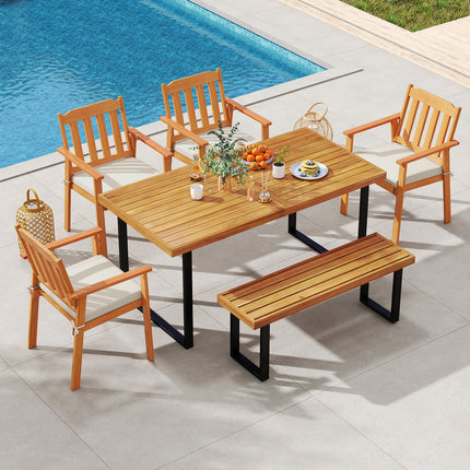 6 Pieces Patio Dining Table Set 63cm Rectangle Table with 4 Acacia Wood Armchairs and Backless Bench