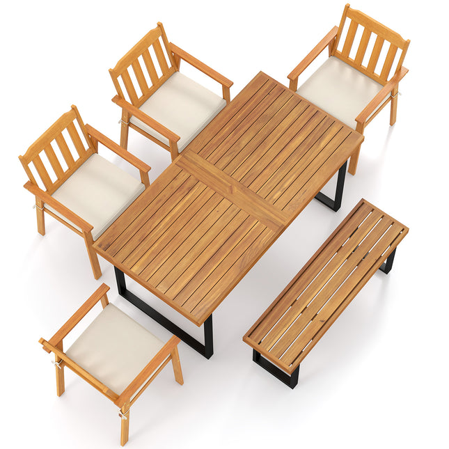 6 Pieces Patio Dining Table Set 63cm Rectangle Table with 4 Acacia Wood Armchairs and Backless Bench