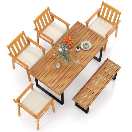 6 Pieces Patio Dining Table Set 63cm Rectangle Table with 4 Acacia Wood Armchairs and Backless Bench