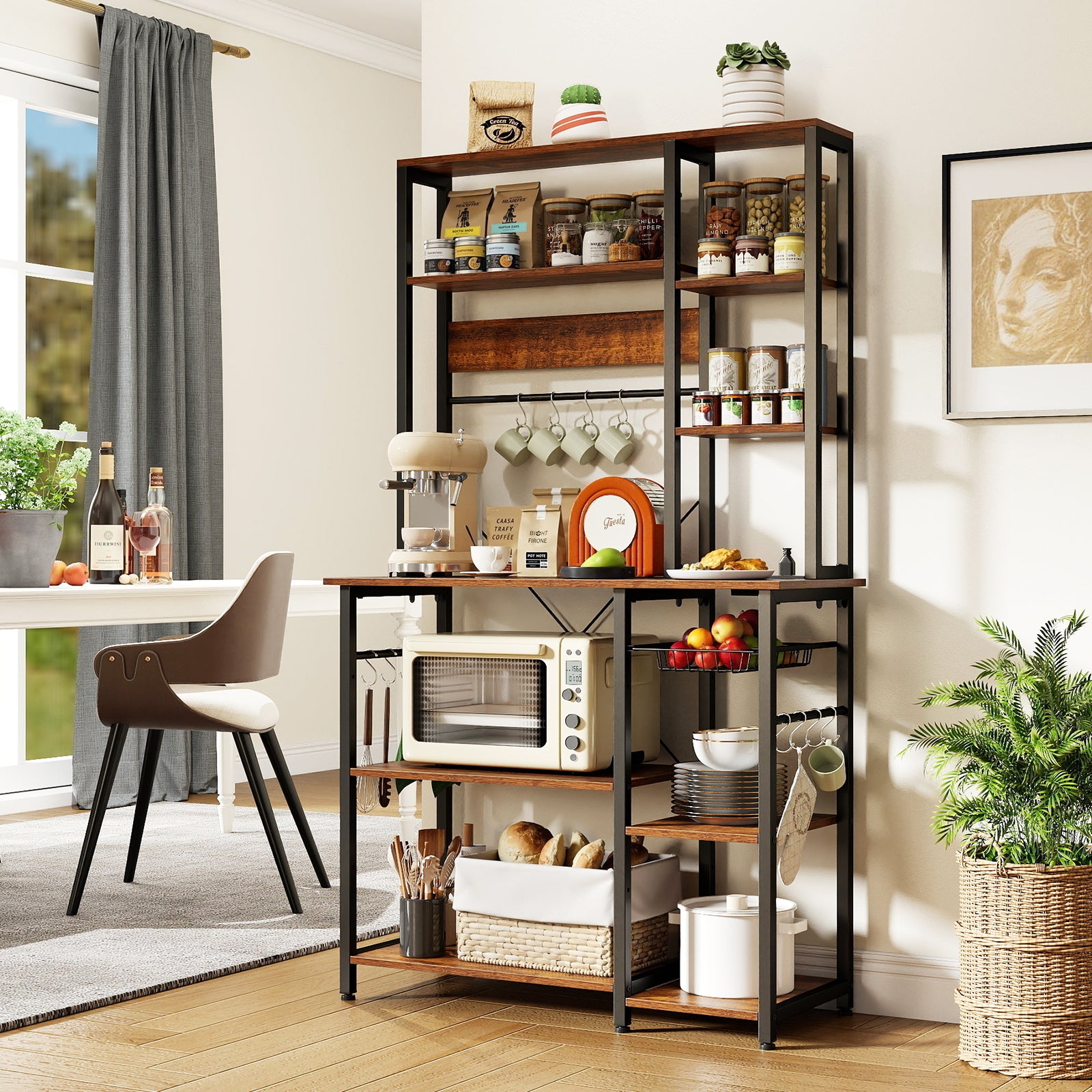 6-Tier Bakers Rack with Power Outlet Stand Wooden Open Shelves-Rusticbrown