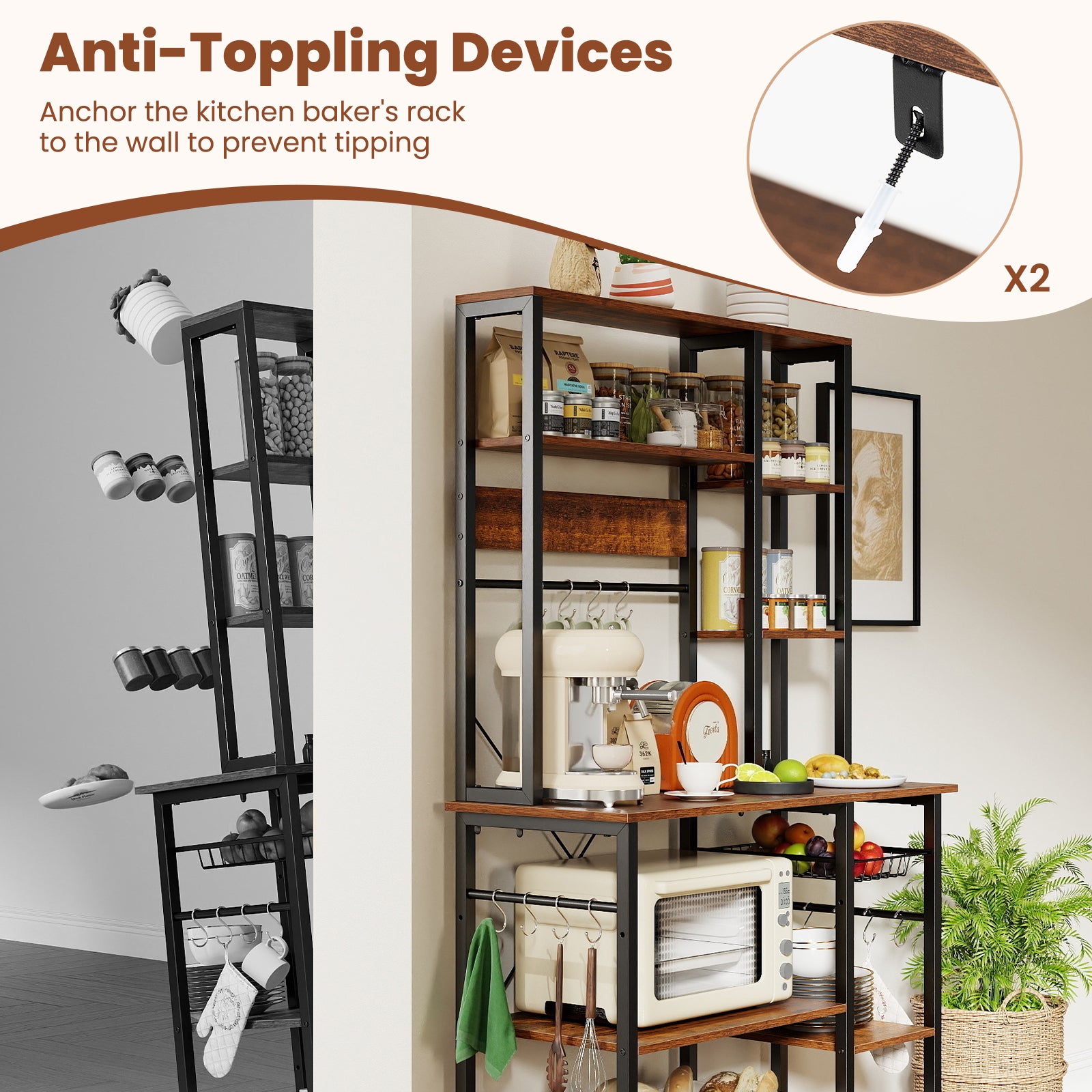 6-Tier Bakers Rack with Power Outlet Stand Wooden Open Shelves-Rusticbrown