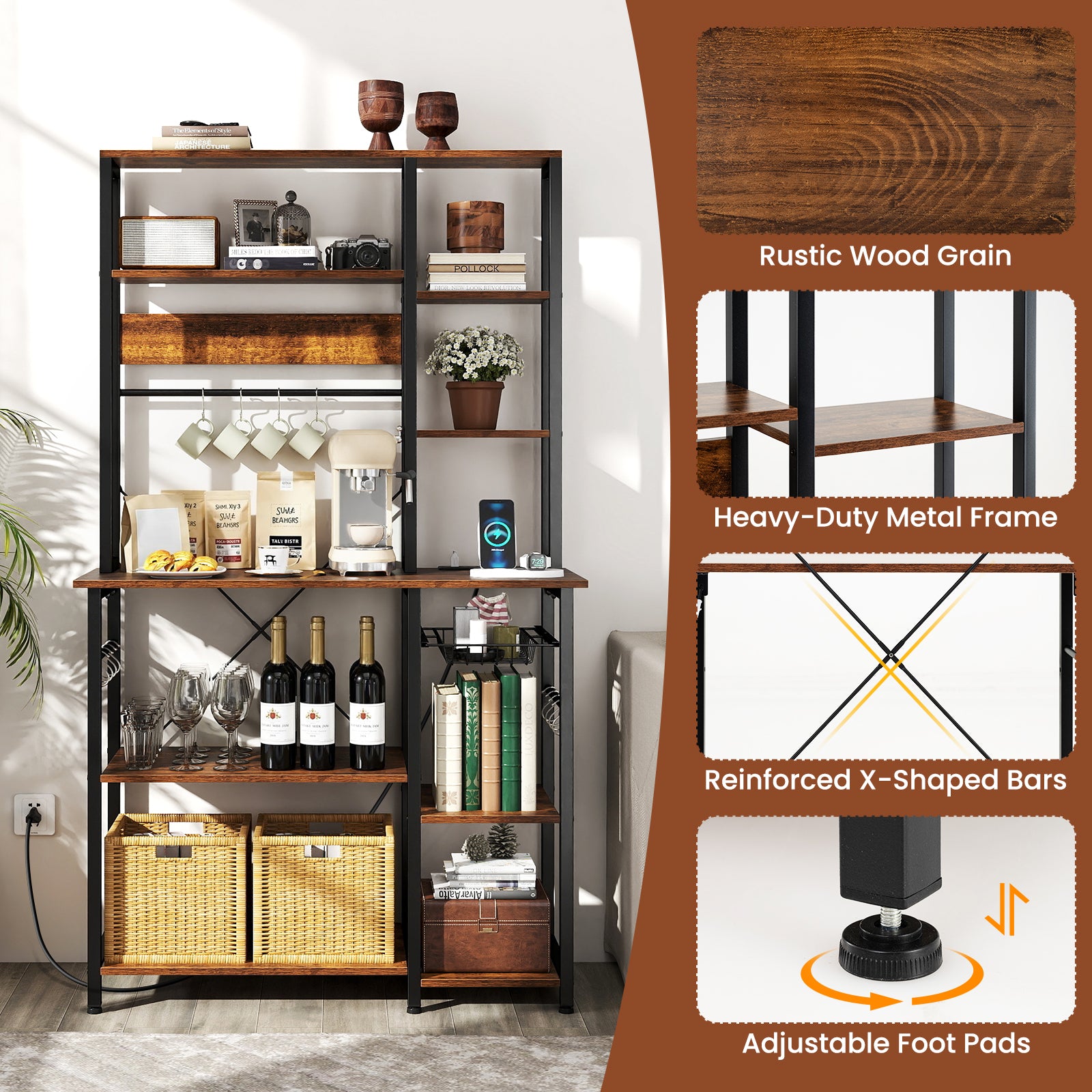 6-Tier Bakers Rack with Power Outlet Stand Wooden Open Shelves-Rusticbrown