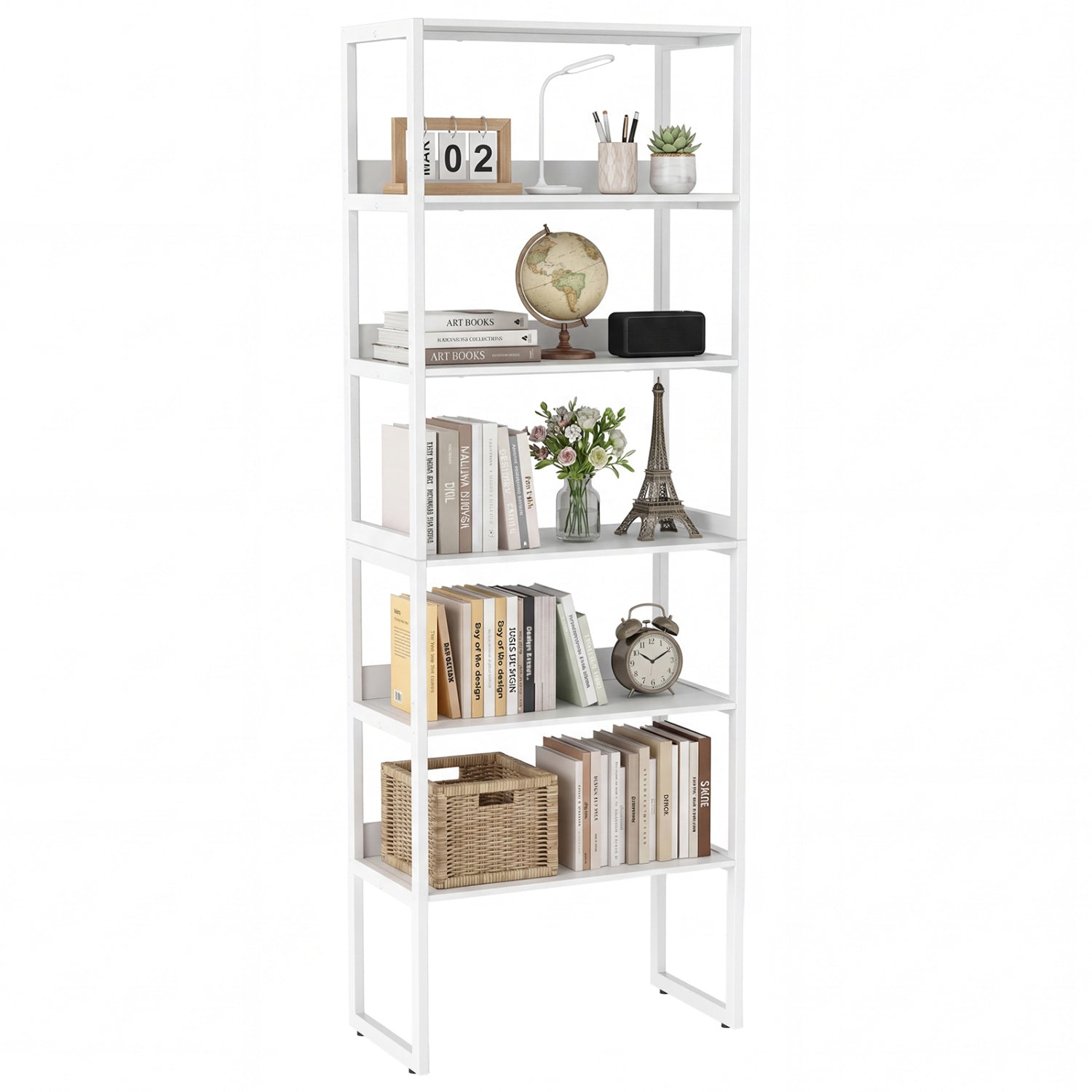 6-Tier Book Shelf with Metal Frame and 4 Anti-Tipping Kits Detachable Shelves-White